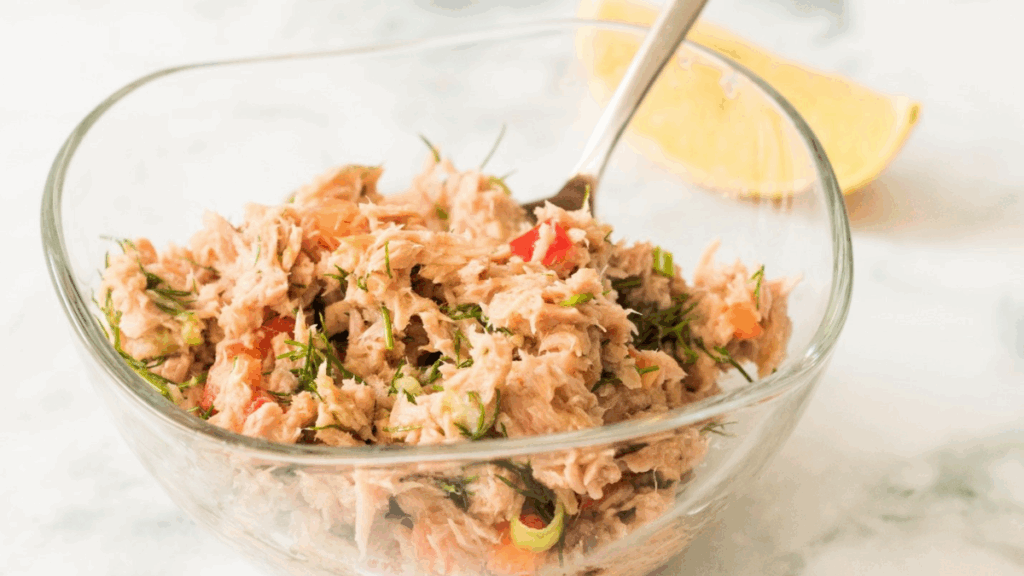 a bowl of vegan tuna salad on a counter