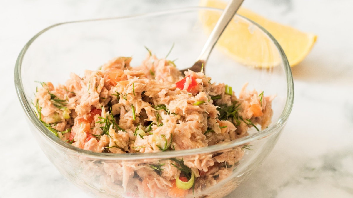 a bowl of vegan tuna salad on a counter