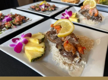 Expertise with Purpose. Presentation of plates of food created by Parkhurst Dining.