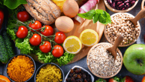 a spread of vegetables, grains, and fruit