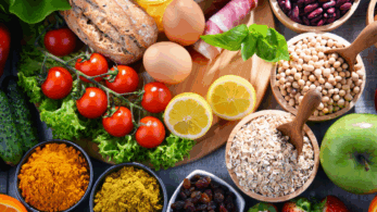 a spread of vegetables, grains, and fruit