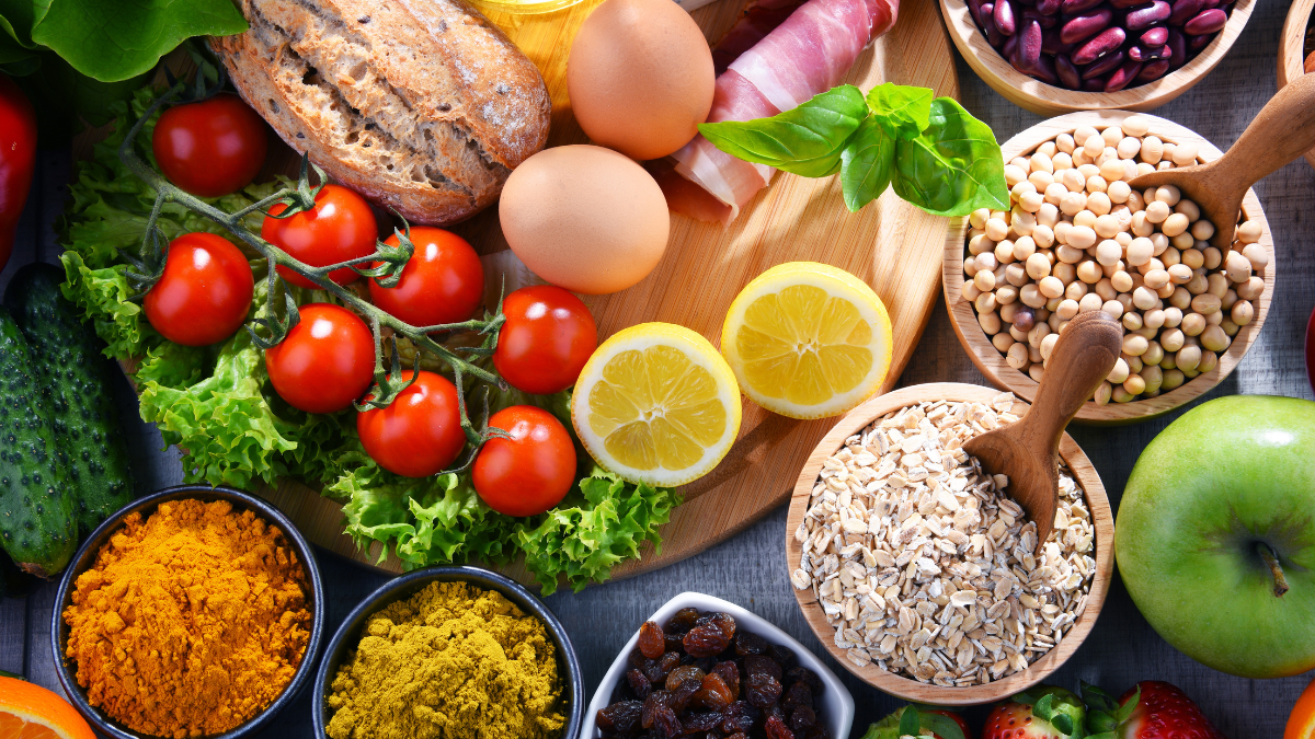 a spread of vegetables, grains, and fruit
