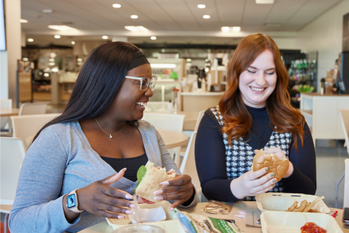 Two women eating lunch together at an office cafe