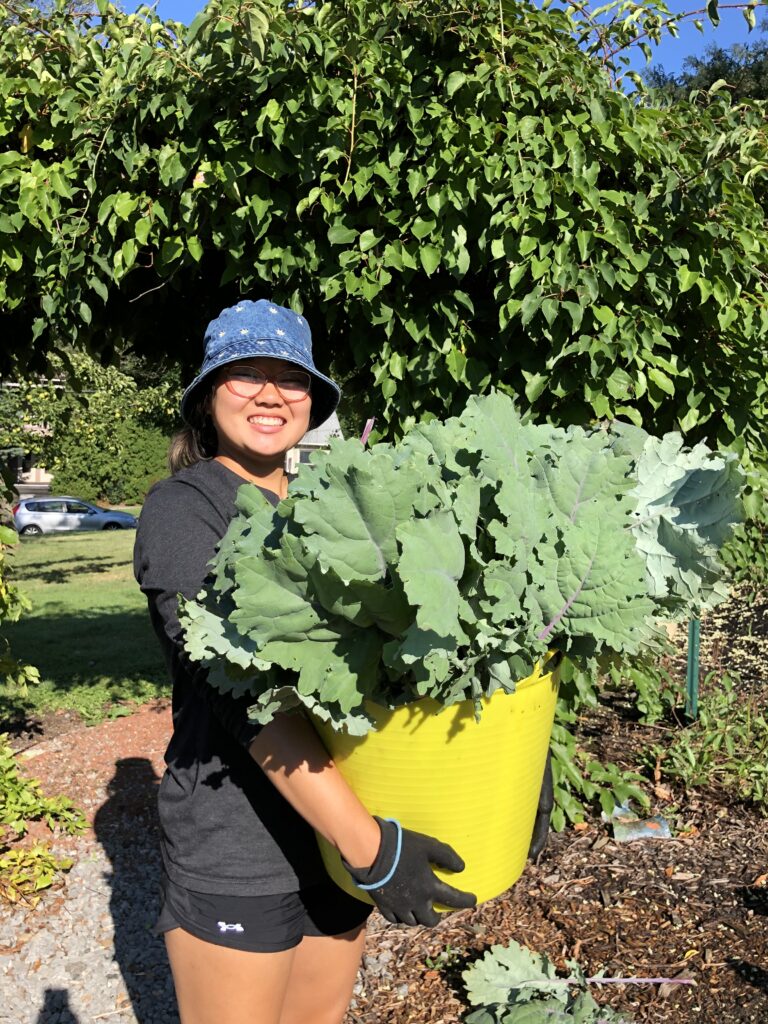 Student holds giant plant in yellow pot