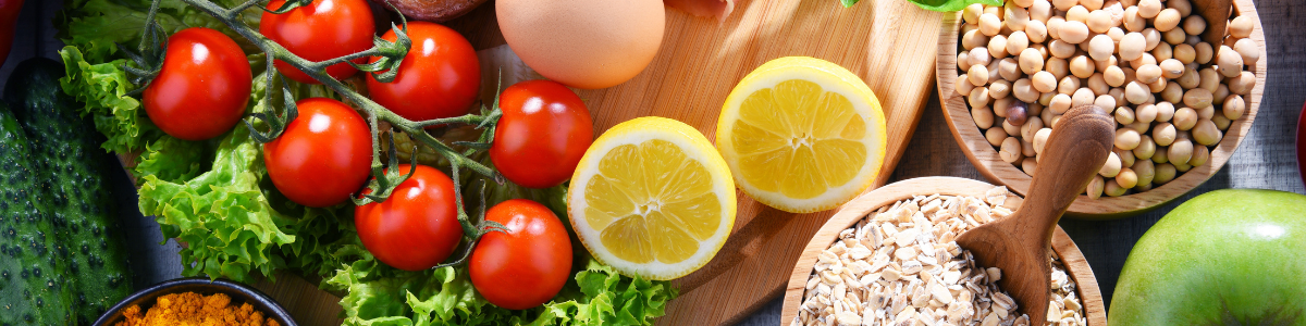 a spread of vegetables, grains, and fruit