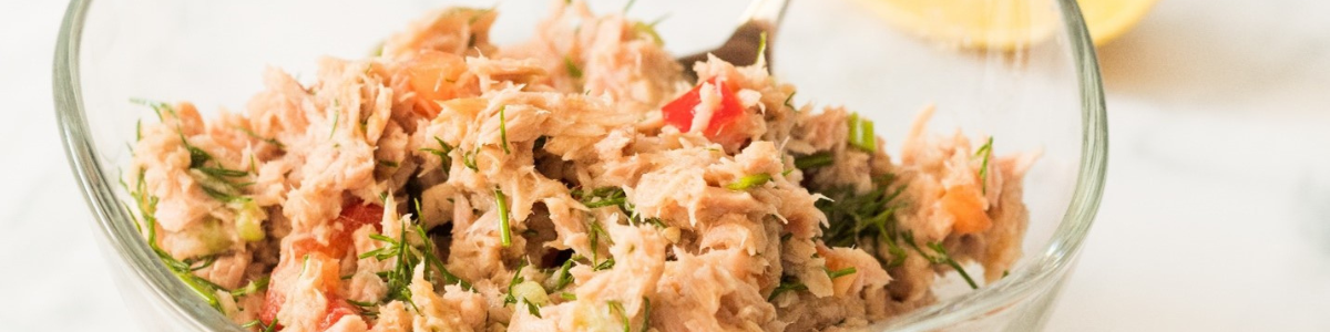 a bowl of vegan tuna salad on a counter